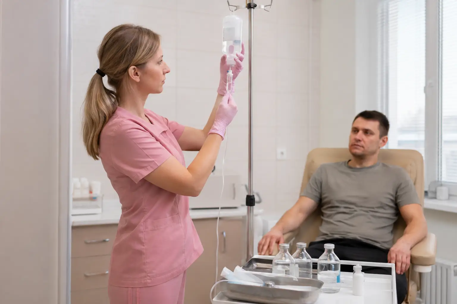 Медсестра готовит капельницу Реамберин